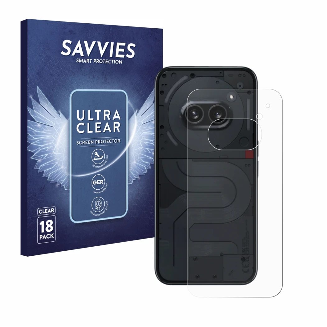 Vorderseite einer Produktverpackung mit dem Markenlogo Savvies. Daneben ist das Gerät Nothing Phone (2a) (Rückseite) mit dem z