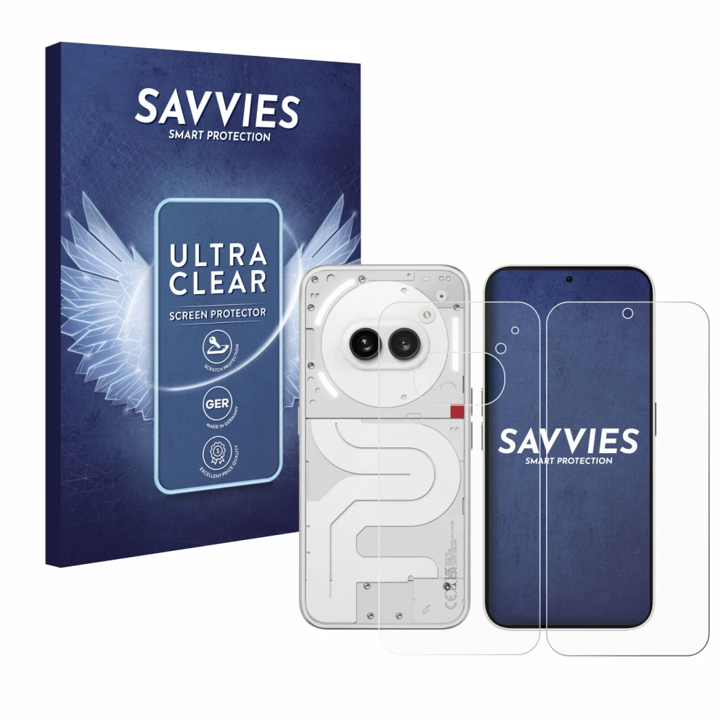 Vorderseite einer Produktverpackung mit dem Markenlogo Savvies. Daneben ist das Gerät Nothing Phone (2a) (Display+Rückseite) m