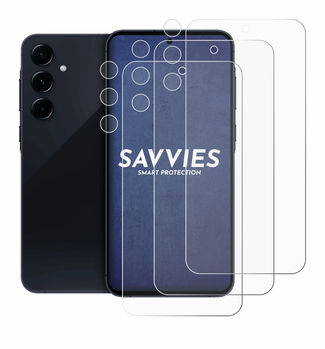 Abbildung des Geräts Samsung Galaxy A55 5G (Display+Kamera) mit einer Vielzahl des Displayschutzes.