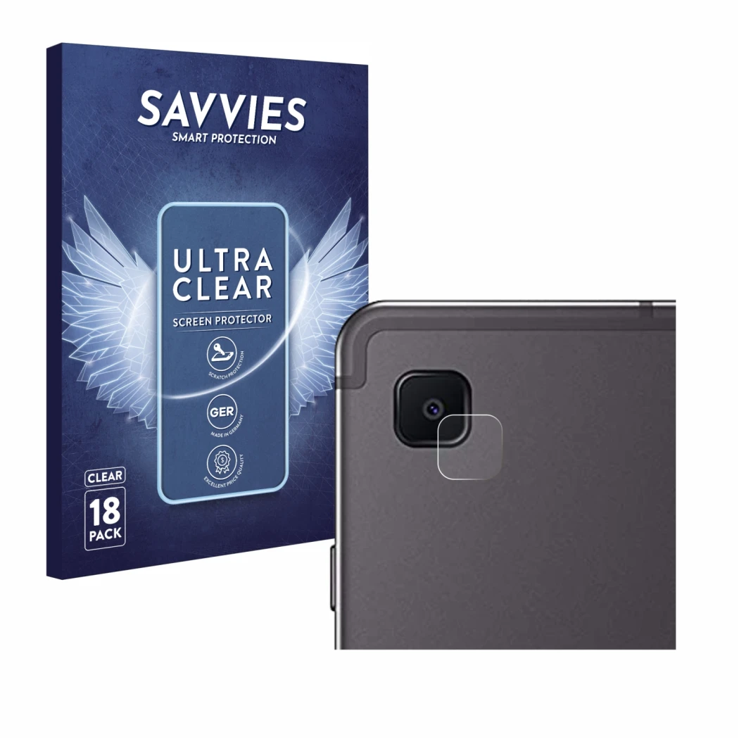 Vorderseite einer Produktverpackung mit dem Markenlogo Savvies. Daneben ist das Gerät Samsung Galaxy Tab S6 Lite WiFi 2024 (NU