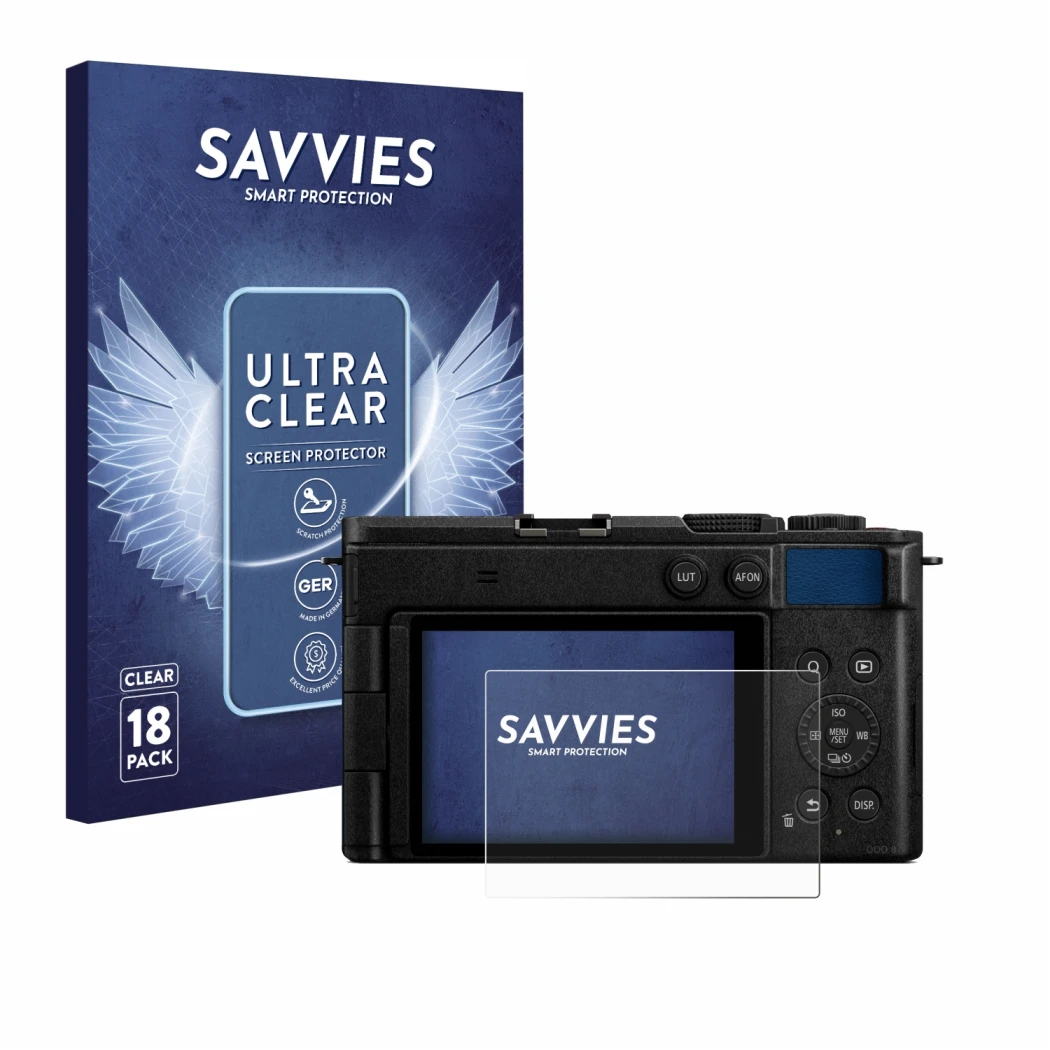 Vorderseite einer Produktverpackung mit dem Markenlogo Savvies. Daneben ist das Gerät Panasonic Lumix DC-S9 mit dem zugehörige