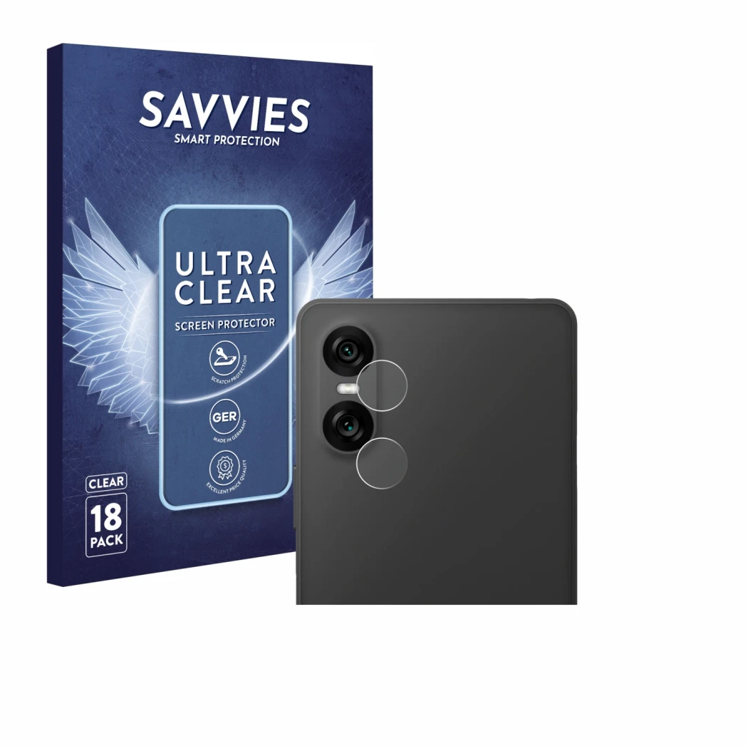 Vorderseite einer Produktverpackung mit dem Markenlogo Savvies. Daneben ist das Gerät Sony Xperia 10 VI (NUR Kameraschutz) mit