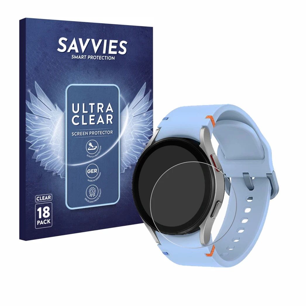 Vorderseite einer Produktverpackung mit dem Markenlogo Savvies. Daneben ist das Gerät Samsung Galaxy Watch FE mit dem zugehöri
