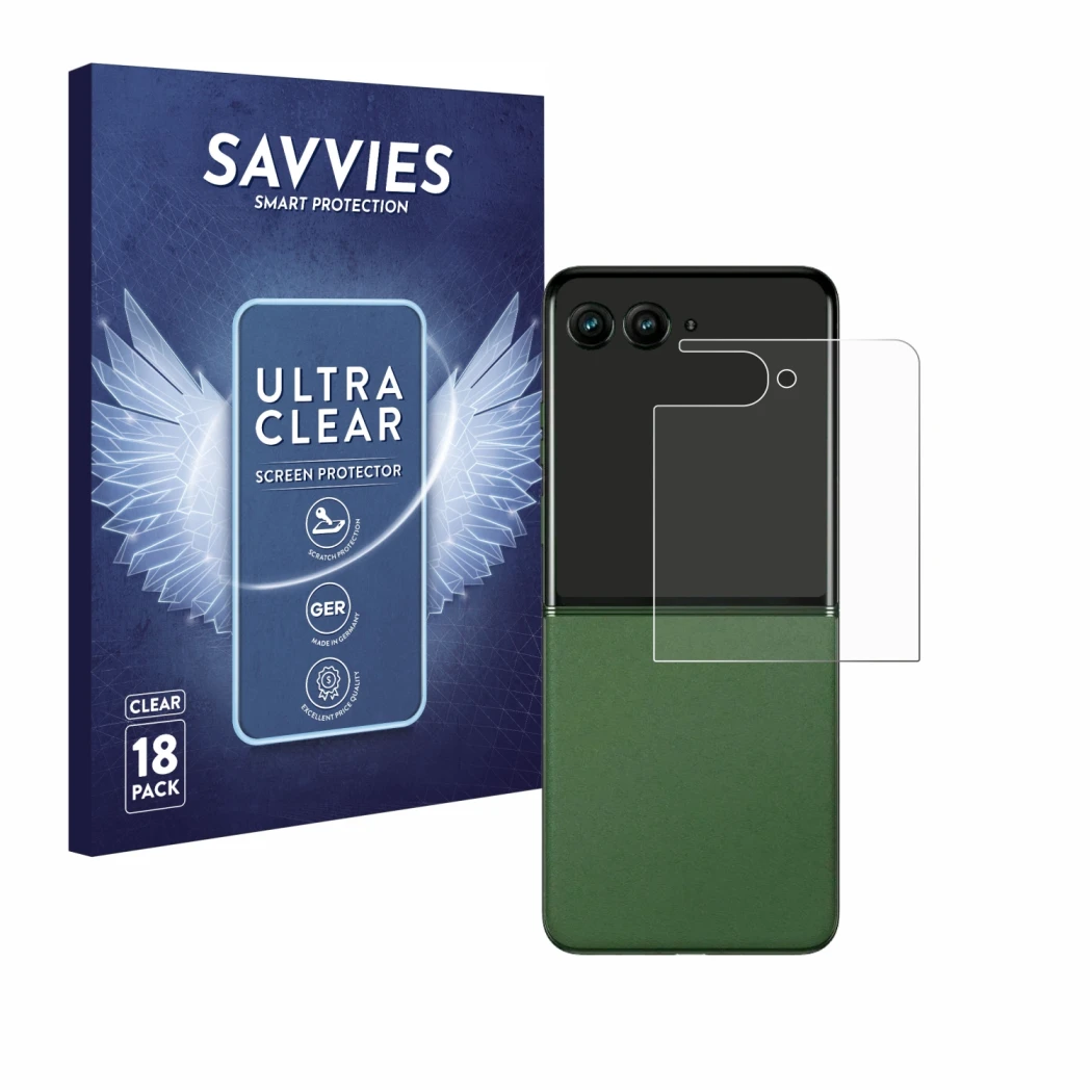 Vorderseite einer Produktverpackung mit dem Markenlogo Savvies. Daneben ist das Gerät Motorola Razr 50 Ultra (Hinteres Display