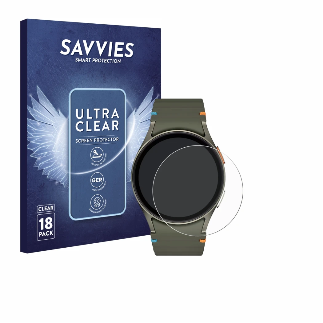 Vorderseite einer Produktverpackung mit dem Markenlogo Savvies. Daneben ist das Gerät Samsung Galaxy Watch 7 (40 mm) mit dem z