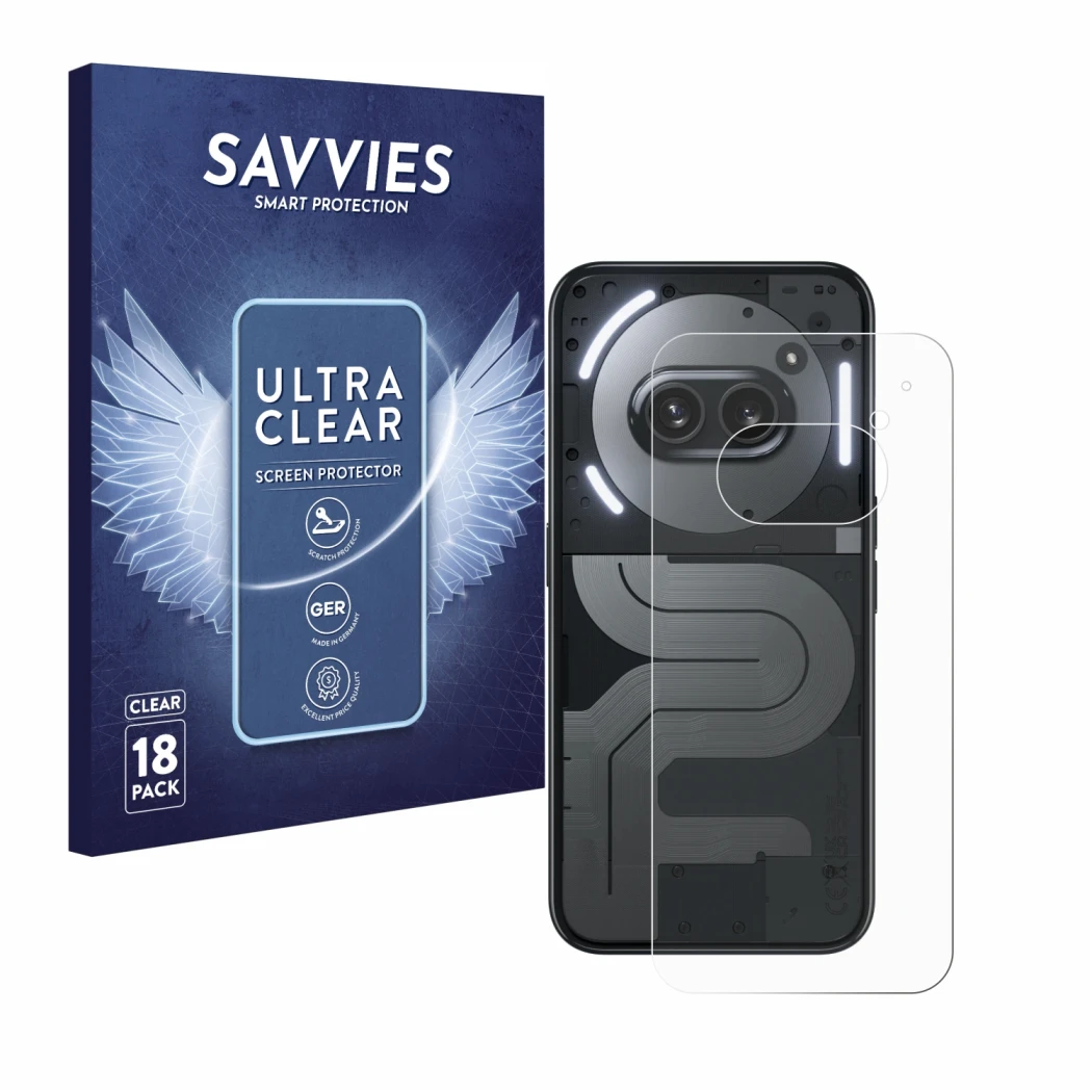 Vorderseite einer Produktverpackung mit dem Markenlogo Savvies. Daneben ist das Gerät Nothing Phone (2a) Plus (Rückseite) mit 