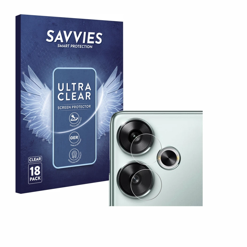 Vorderseite einer Produktverpackung mit dem Markenlogo Savvies. Daneben ist das Gerät Xiaomi Poco F6 (nur Kameraschutz) mit de