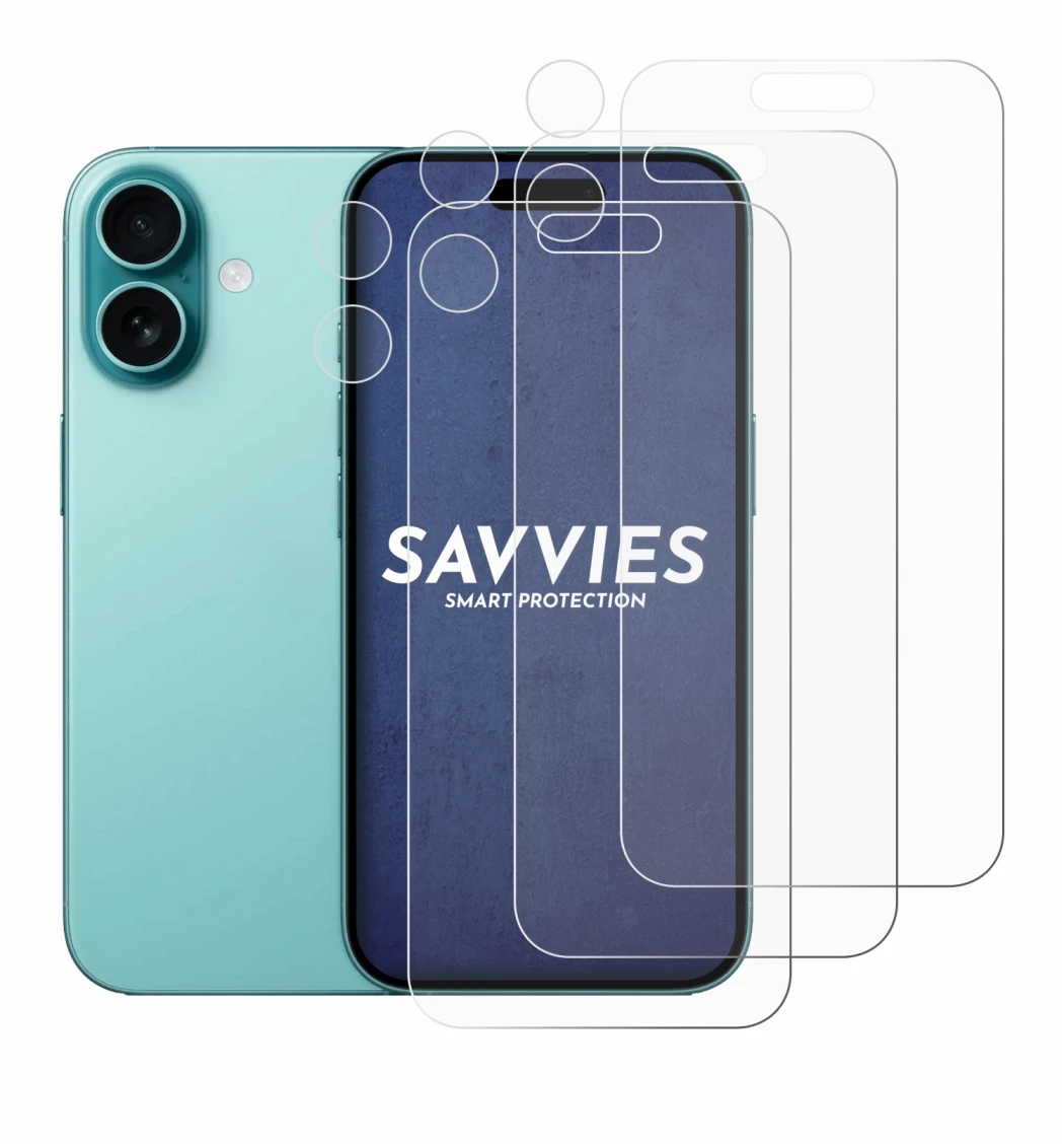 Abbildung des Geräts Apple iPhone 16 (Display+Kamera) mit einer Vielzahl des Displayschutzes.