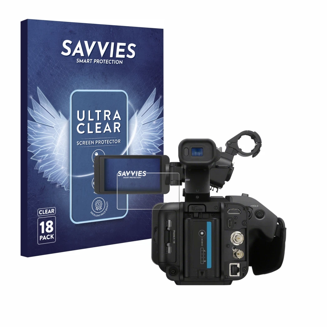 Vorderseite einer Produktverpackung mit dem Markenlogo Savvies. Daneben ist das Gerät Sony PXW-Z200 mit dem zugehörigen Displa