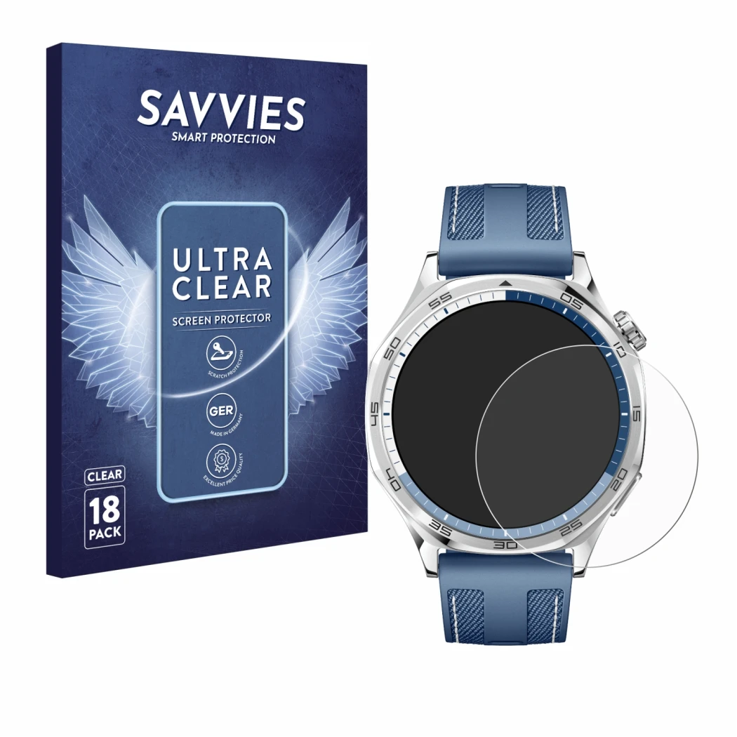 Vorderseite einer Produktverpackung mit dem Markenlogo Savvies. Daneben ist das Gerät Huawei Watch GT 5 (46 mm) mit dem zugehö