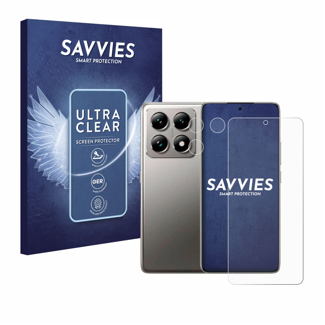 Vorderseite einer Produktverpackung mit dem Markenlogo Savvies. Daneben ist das Gerät Xiaomi 14T (Display+Kamera) mit dem zuge