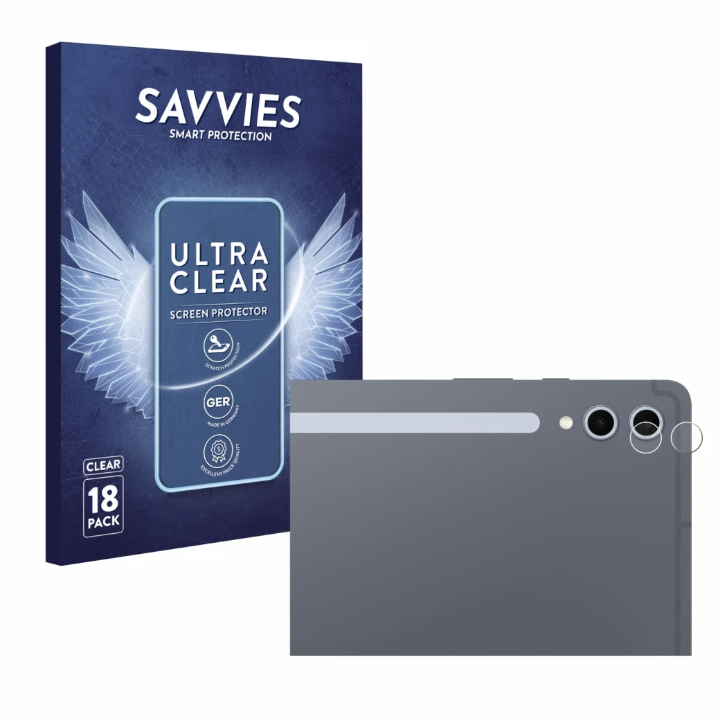 Vorderseite einer Produktverpackung mit dem Markenlogo Savvies. Daneben ist das Gerät Samsung Galaxy Tab S10 Ultra WiFi (NUR K