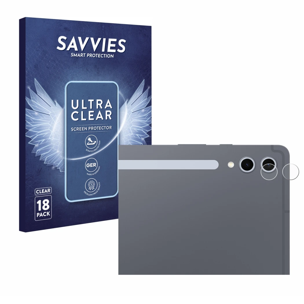 Vorderseite einer Produktverpackung mit dem Markenlogo Savvies. Daneben ist das Gerät Samsung Galaxy Tab S10 Plus 5G (NUR Kame