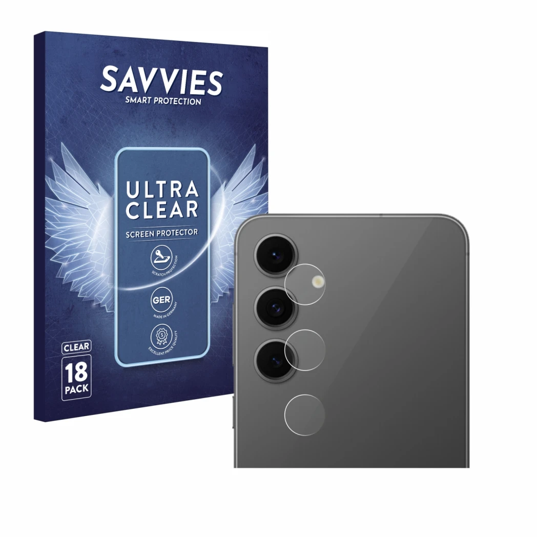 Vorderseite einer Produktverpackung mit dem Markenlogo Savvies. Daneben ist das Gerät Samsung Galaxy S24 FE (NUR Kameraschutz)