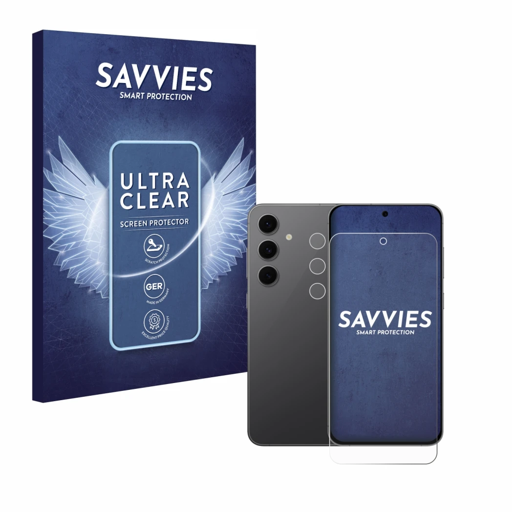 Vorderseite einer Produktverpackung mit dem Markenlogo Savvies. Daneben ist das Gerät Samsung Galaxy S24 FE (Display+Kamera) m