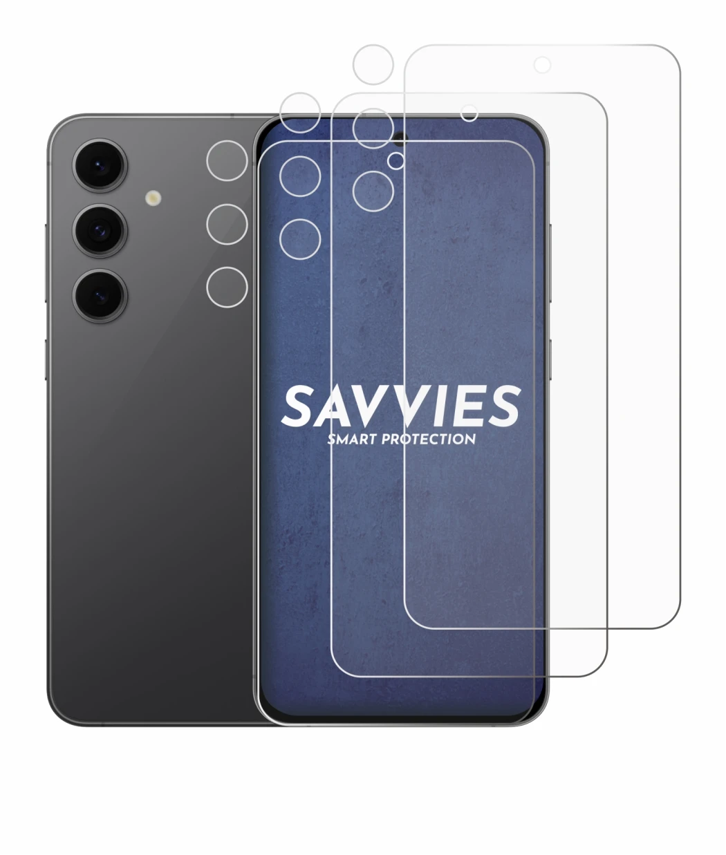 Abbildung des Geräts Samsung Galaxy S24 FE (Display+Kamera) mit einer Vielzahl des Displayschutzes.