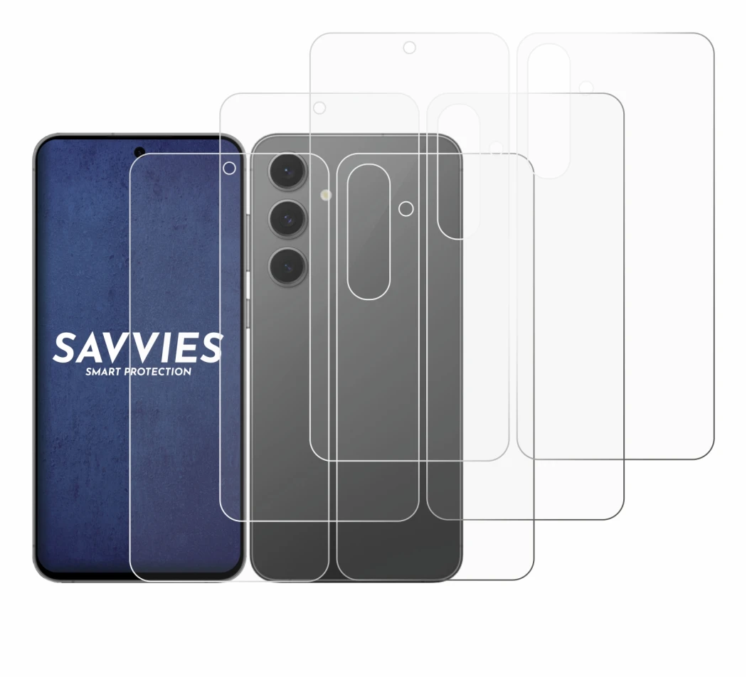 Abbildung des Geräts Samsung Galaxy S24 FE (Display+Rückseite) mit einer Vielzahl des Displayschutzes.