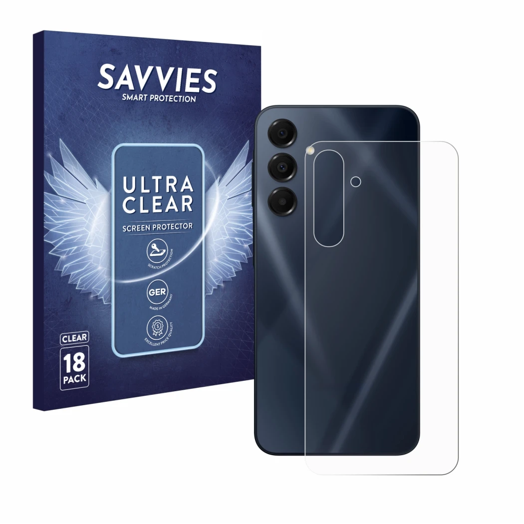 Vorderseite einer Produktverpackung mit dem Markenlogo Savvies. Daneben ist das Gerät Samsung Galaxy A16 5G (Rückseite) mit de