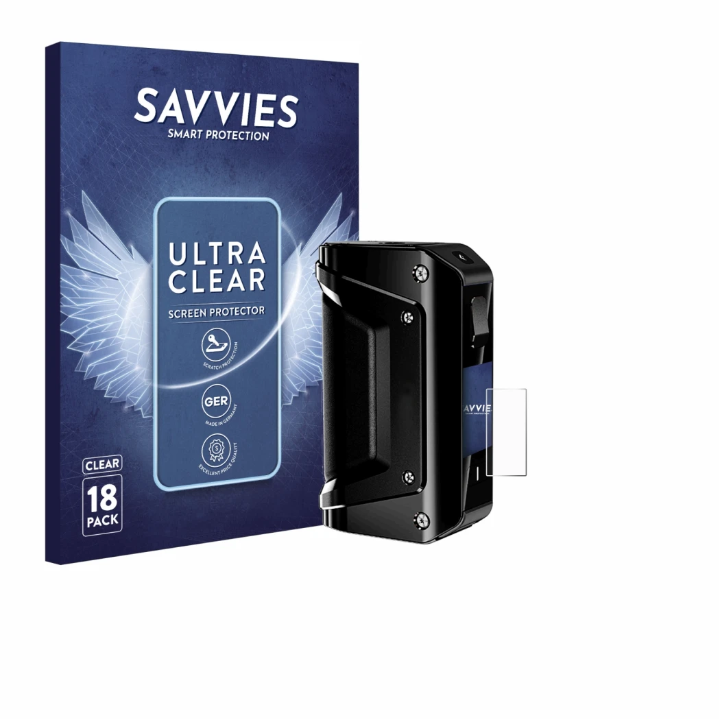 Vorderseite einer Produktverpackung mit dem Markenlogo Savvies. Daneben ist das Gerät geekvape Aegis 3 mit dem zugehörigen Dis