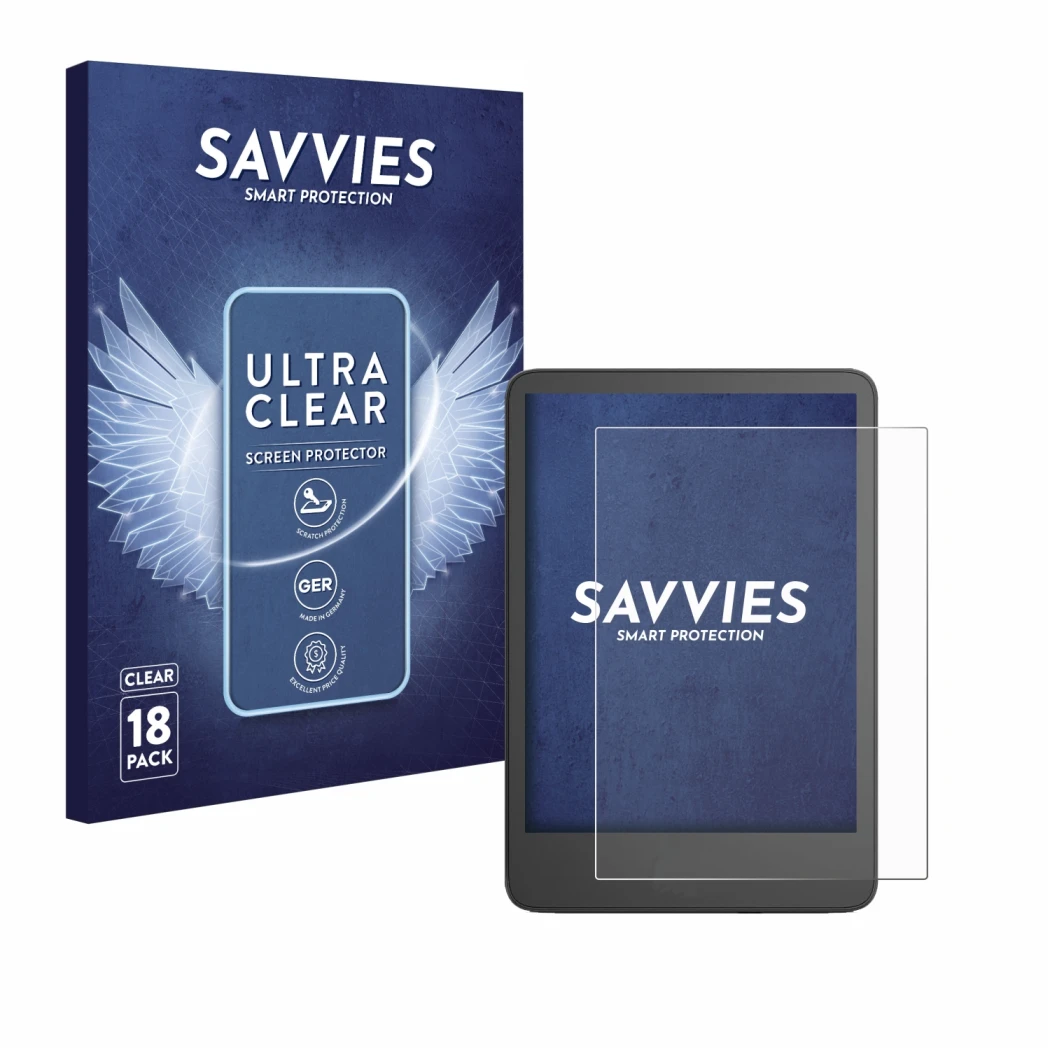 Vorderseite einer Produktverpackung mit dem Markenlogo Savvies. Daneben ist das Gerät Amazon Kindle 2024 mit dem zugehörigen D