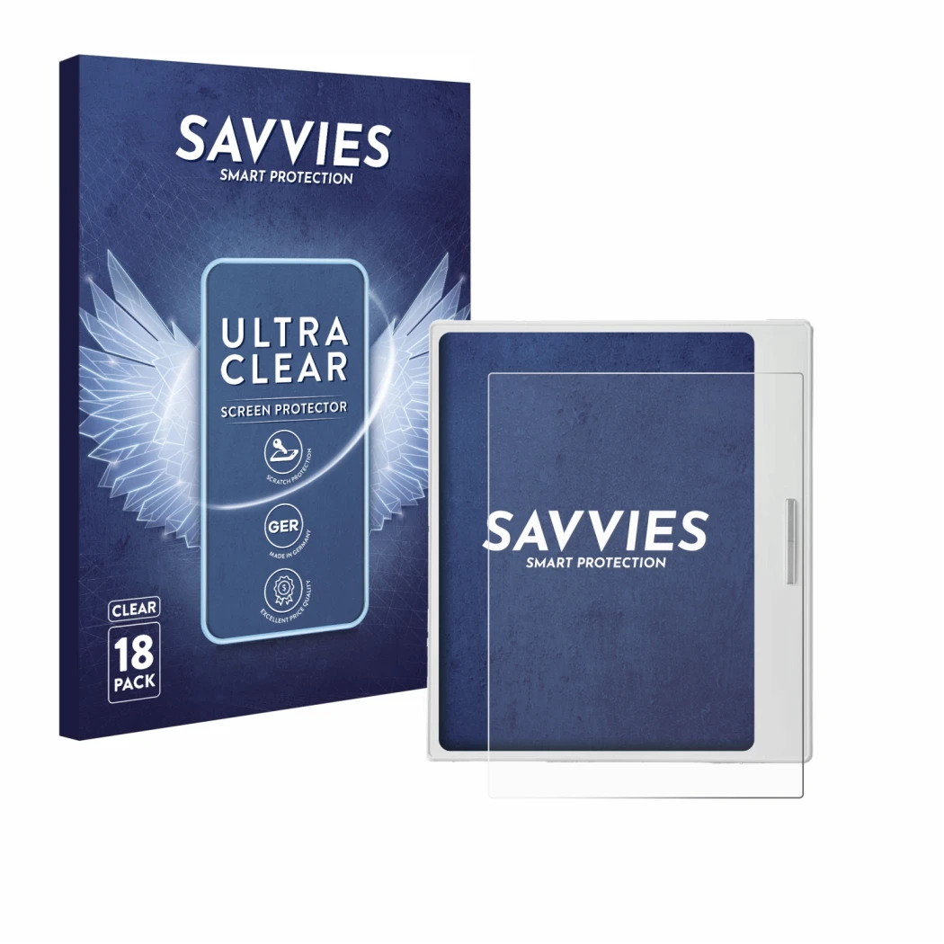 Vorderseite einer Produktverpackung mit dem Markenlogo Savvies. Daneben ist das Gerät Boox Go Color 7 White Edition mit dem zu