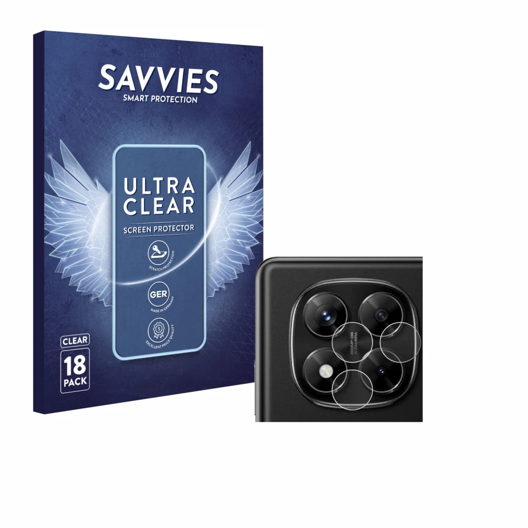 Vorderseite einer Produktverpackung mit dem Markenlogo Savvies. Daneben ist das Gerät Xiaomi Redmi Note 14 Pro (NUR Kameraschu