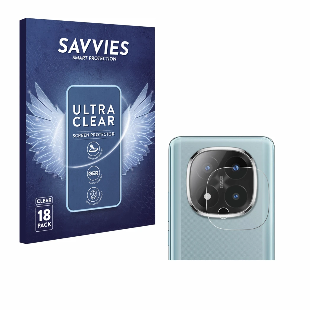 Vorderseite einer Produktverpackung mit dem Markenlogo Savvies. Daneben ist das Gerät Xiaomi Redmi Note 14 Pro Plus (NUR Kamer