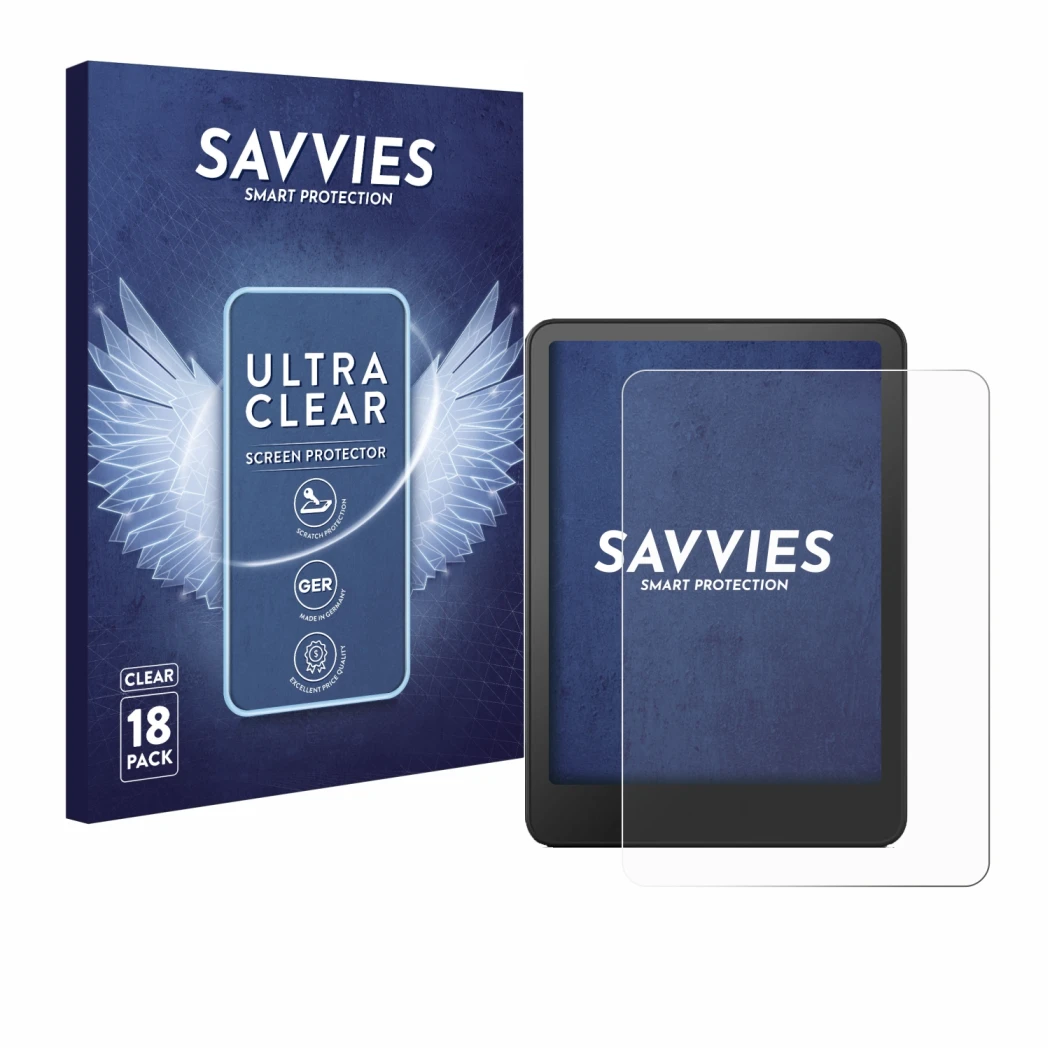 Vorderseite einer Produktverpackung mit dem Markenlogo Savvies. Daneben ist das Gerät Amazon Kindle Paperwhite 2024 Signature 