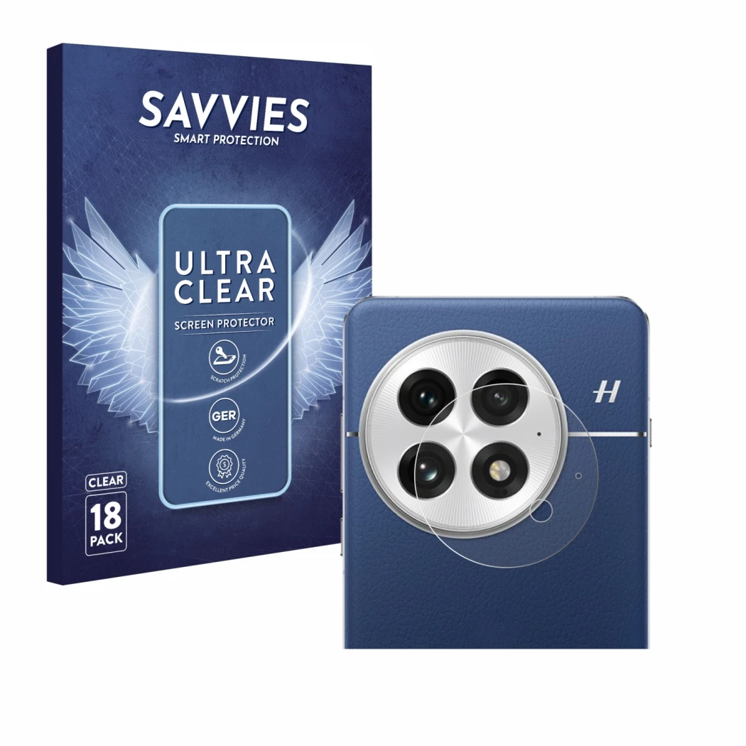 Vorderseite einer Produktverpackung mit dem Markenlogo Savvies. Daneben ist das Gerät OnePlus 13 (NUR Kameraschutz) mit dem zu