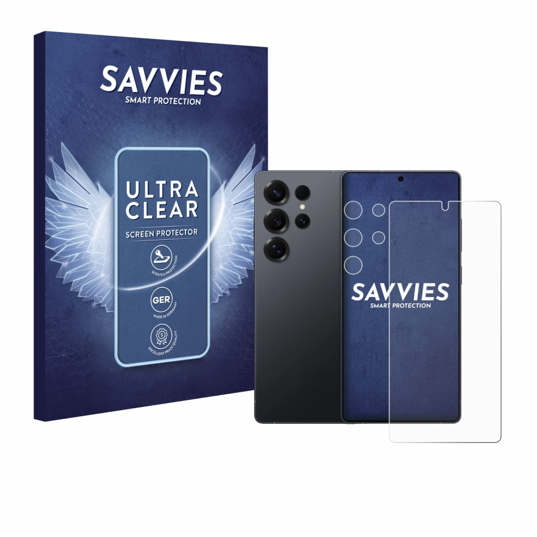 Vorderseite einer Produktverpackung mit dem Markenlogo Savvies. Daneben ist das Gerät Samsung Galaxy S25 Ultra (Display+Kamera