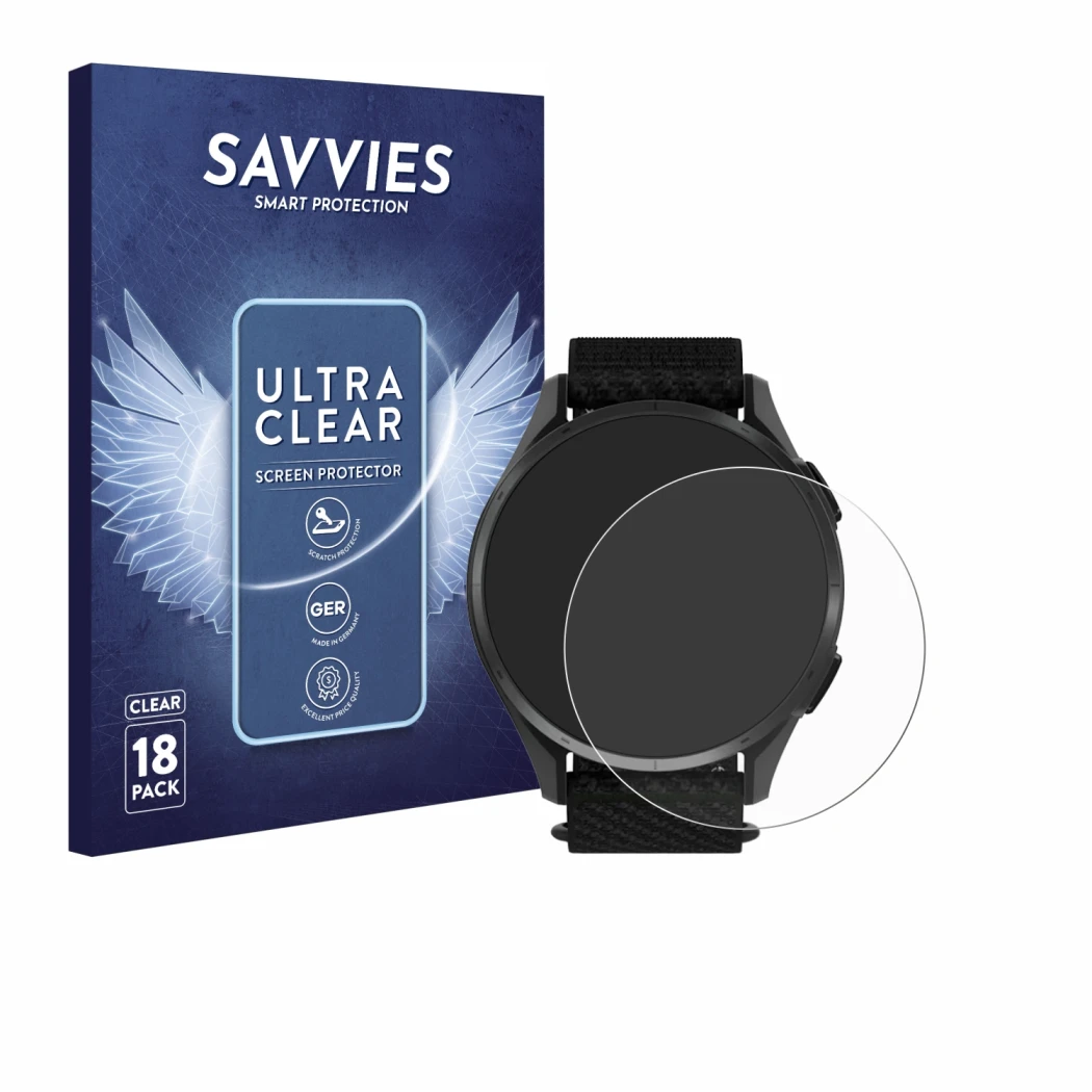 Vorderseite einer Produktverpackung mit dem Markenlogo Savvies. Daneben ist das Gerät Garmin Approach S50 mit dem zugehörigen 