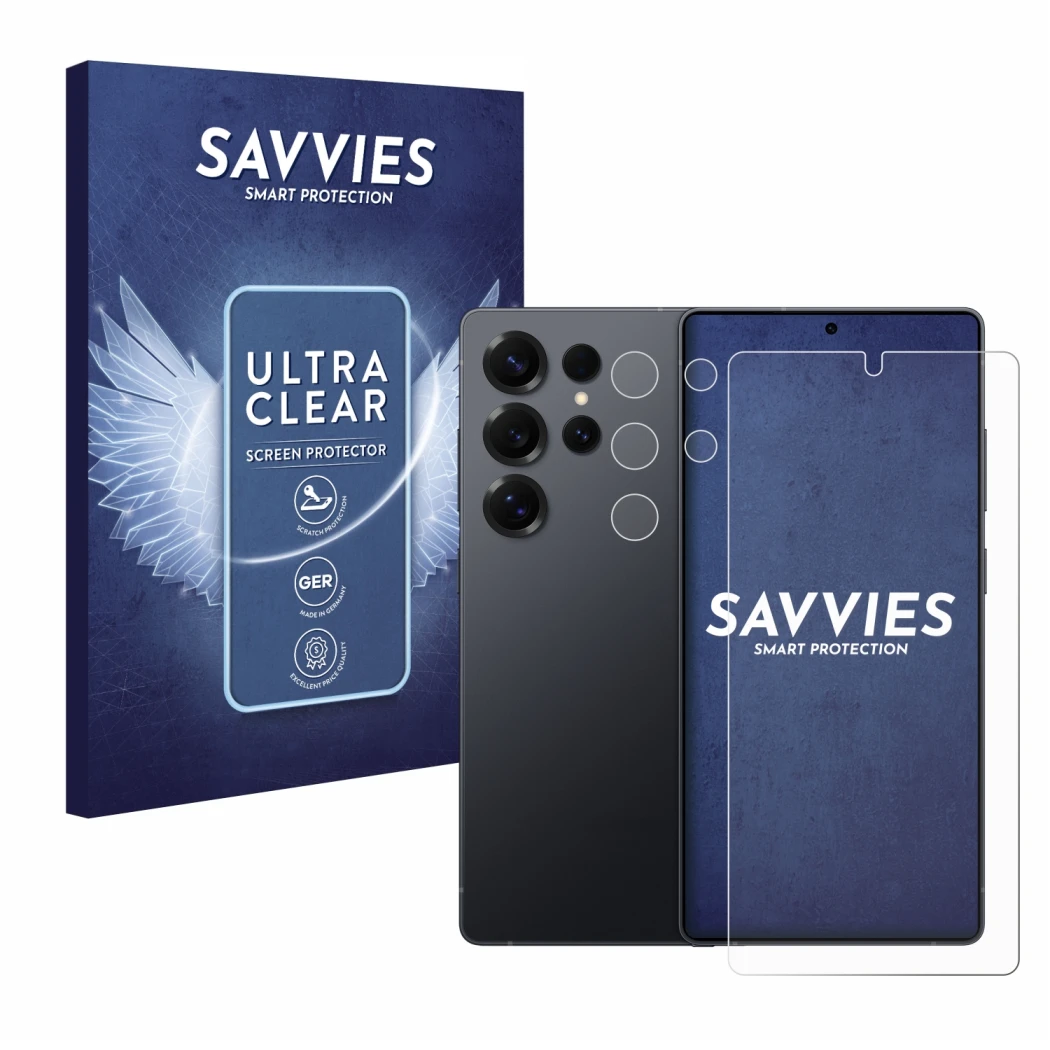 Vorderseite einer Produktverpackung mit dem Markenlogo Savvies. Daneben ist das Gerät Samsung Galaxy S25 Ultra Enterprise Edit