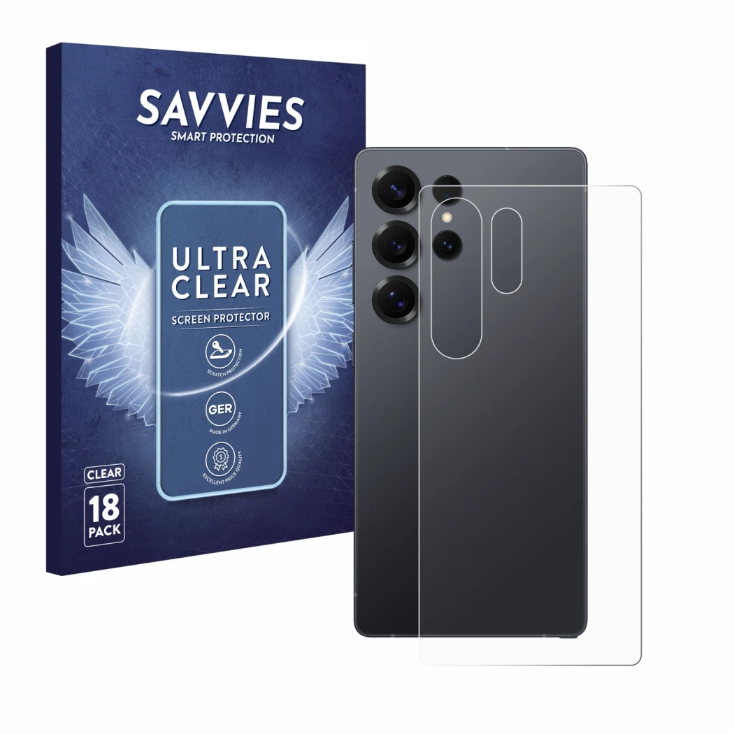 Vorderseite einer Produktverpackung mit dem Markenlogo Savvies. Daneben ist das Gerät Samsung Galaxy S25 Ultra Enterprise Edit