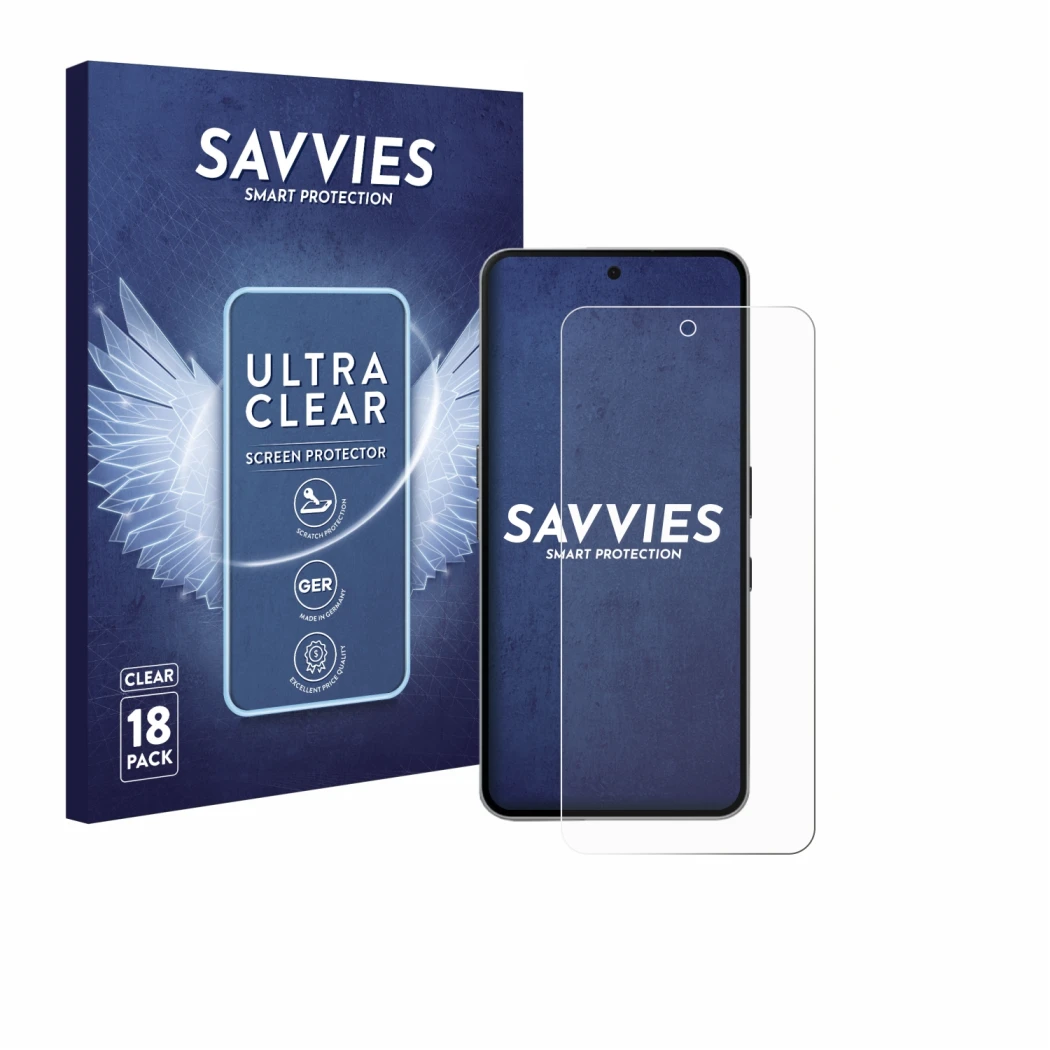 Vorderseite einer Produktverpackung mit dem Markenlogo Savvies. Daneben ist das Gerät Nothing Phone (3a) Pro mit dem zugehörig