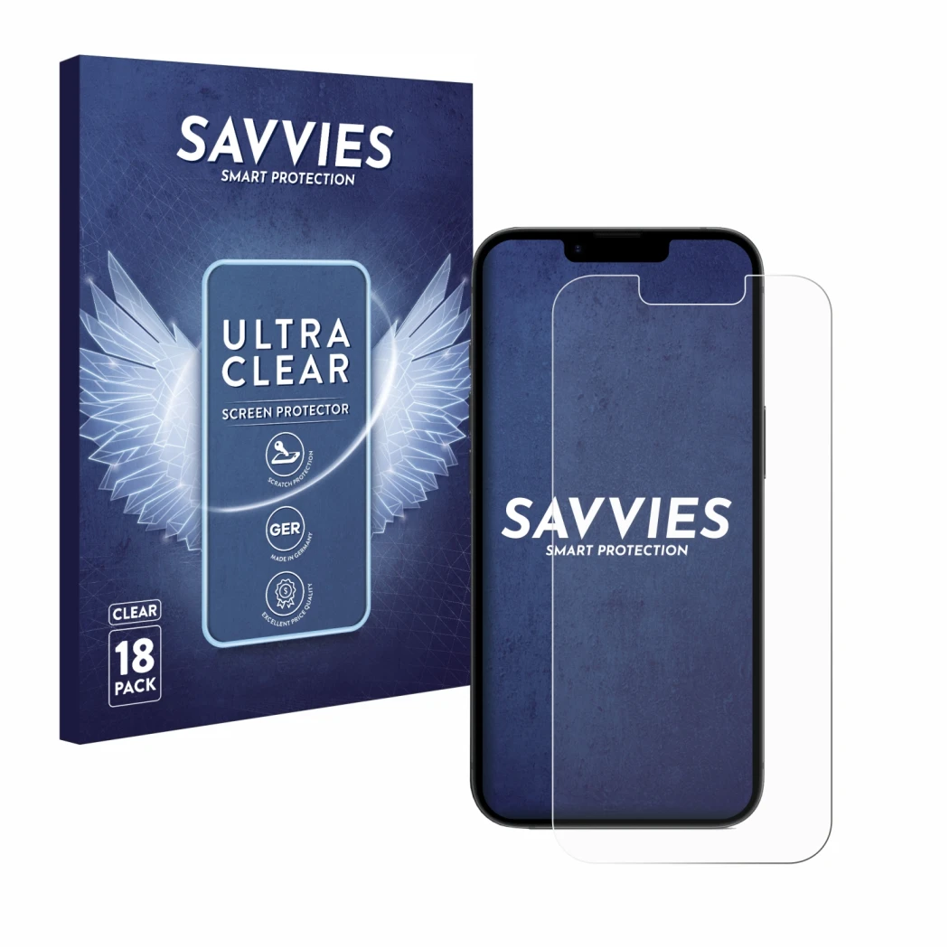 Vorderseite einer Produktverpackung mit dem Markenlogo Savvies. Daneben ist das Gerät Apple iPhone 16e mit dem zugehörigen Dis