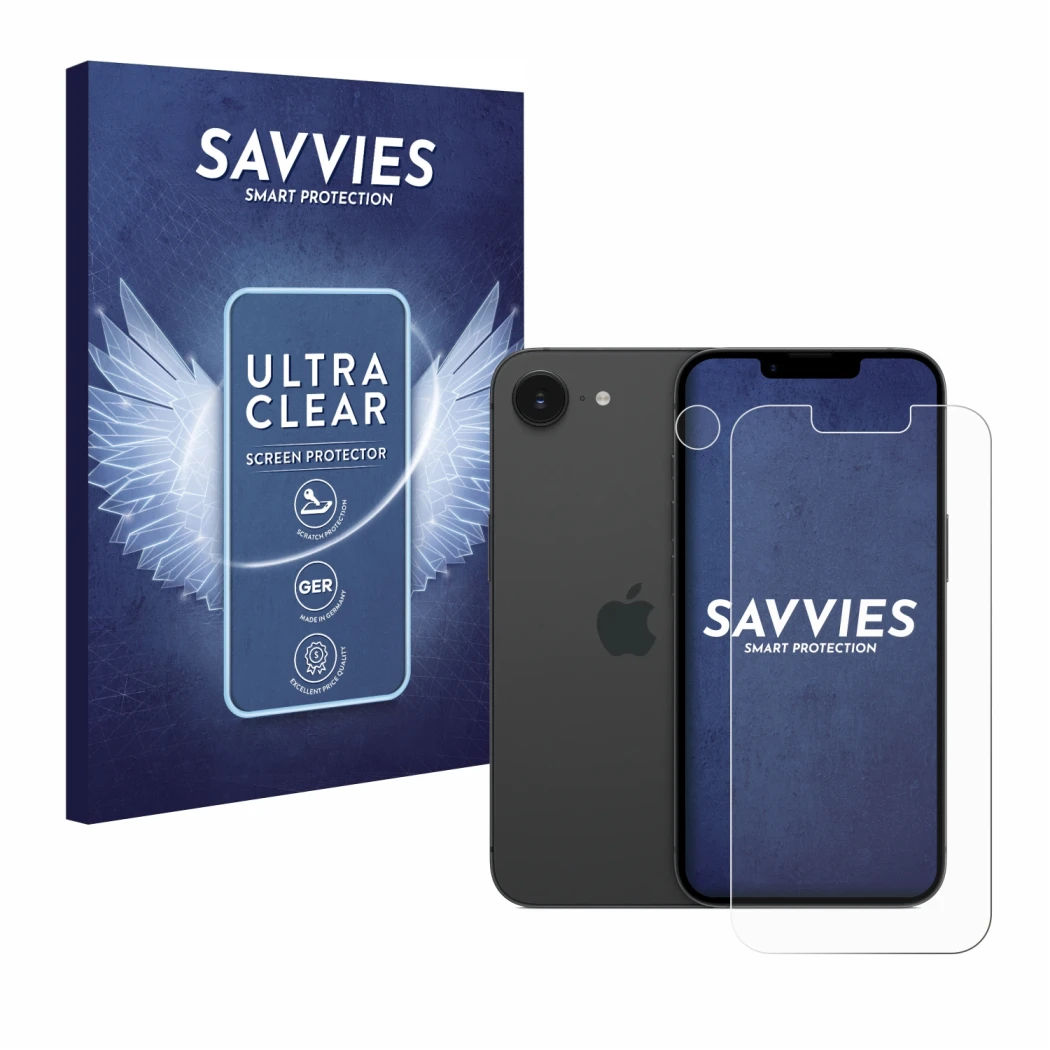 Vorderseite einer Produktverpackung mit dem Markenlogo Savvies. Daneben ist das Gerät Apple iPhone 16e (Display+Kamera) mit de