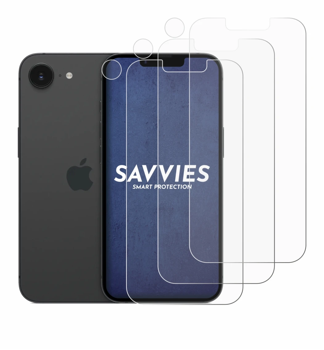 Abbildung des Geräts Apple iPhone 16e (Display+Kamera) mit einer Vielzahl des Displayschutzes.