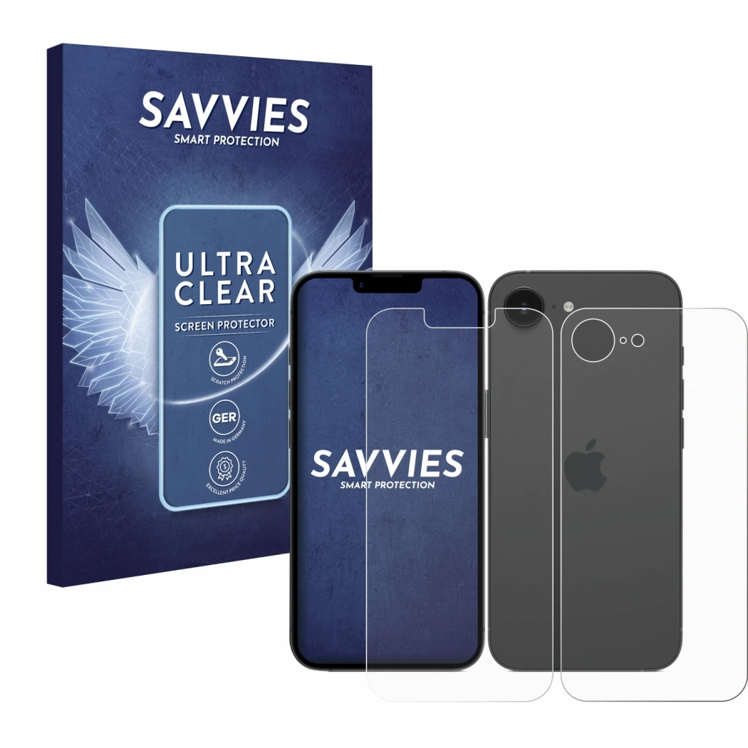 Vorderseite einer Produktverpackung mit dem Markenlogo Savvies. Daneben ist das Gerät Apple iPhone 16e (Display+Rückseite) mit