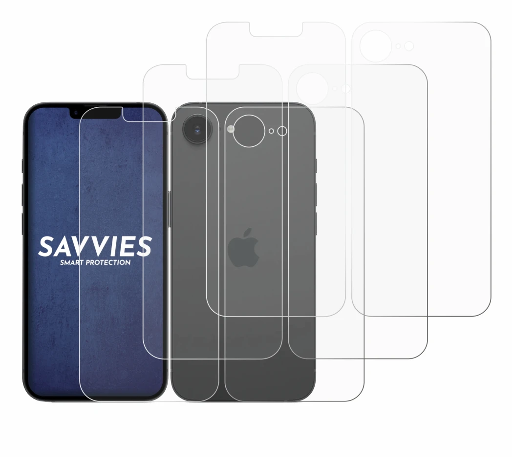 Abbildung des Geräts Apple iPhone 16e (Display+Rückseite) mit einer Vielzahl des Displayschutzes.