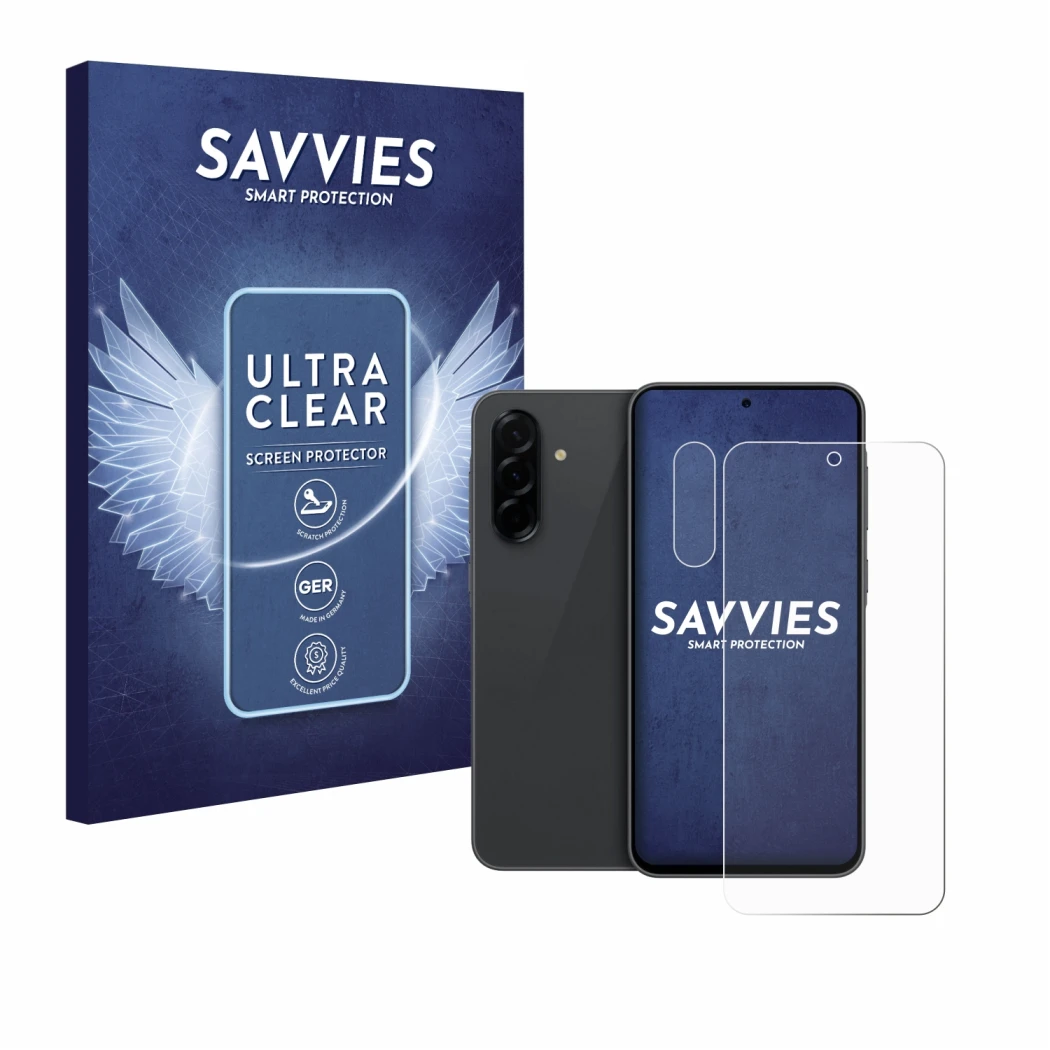 Vorderseite einer Produktverpackung mit dem Markenlogo Savvies. Daneben ist das Gerät Samsung Galaxy A36 5G (Display+Kamera) m