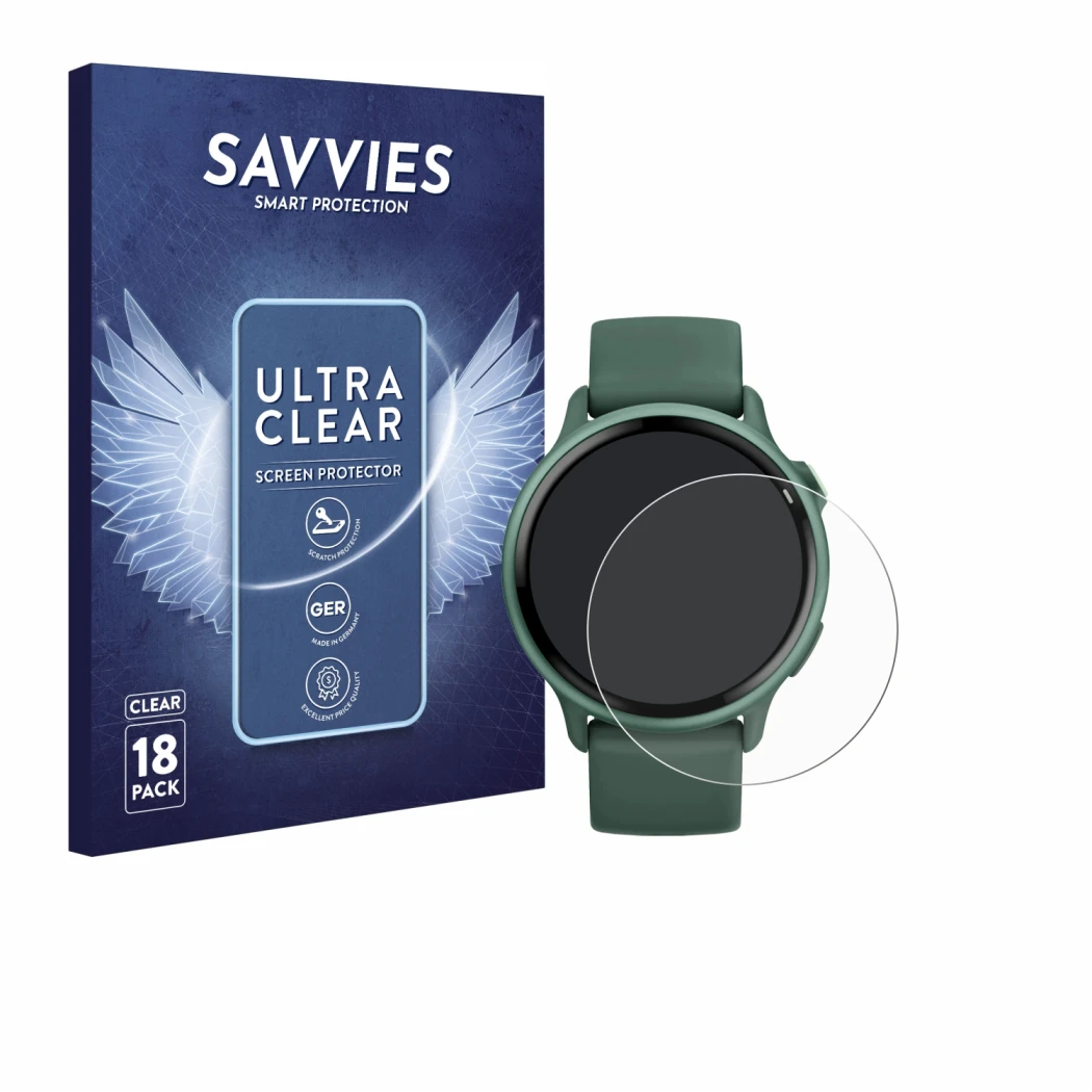 Vorderseite einer Produktverpackung mit dem Markenlogo Savvies. Daneben ist das Gerät Garmin vivoactive 6 mit dem zugehörigen 