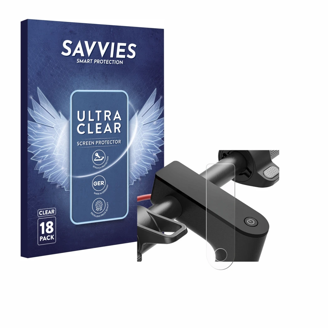 Vorderseite einer Produktverpackung mit dem Markenlogo Savvies. Daneben ist das Gerät Xiaomi Electric Scooter 4 mit dem zugehö