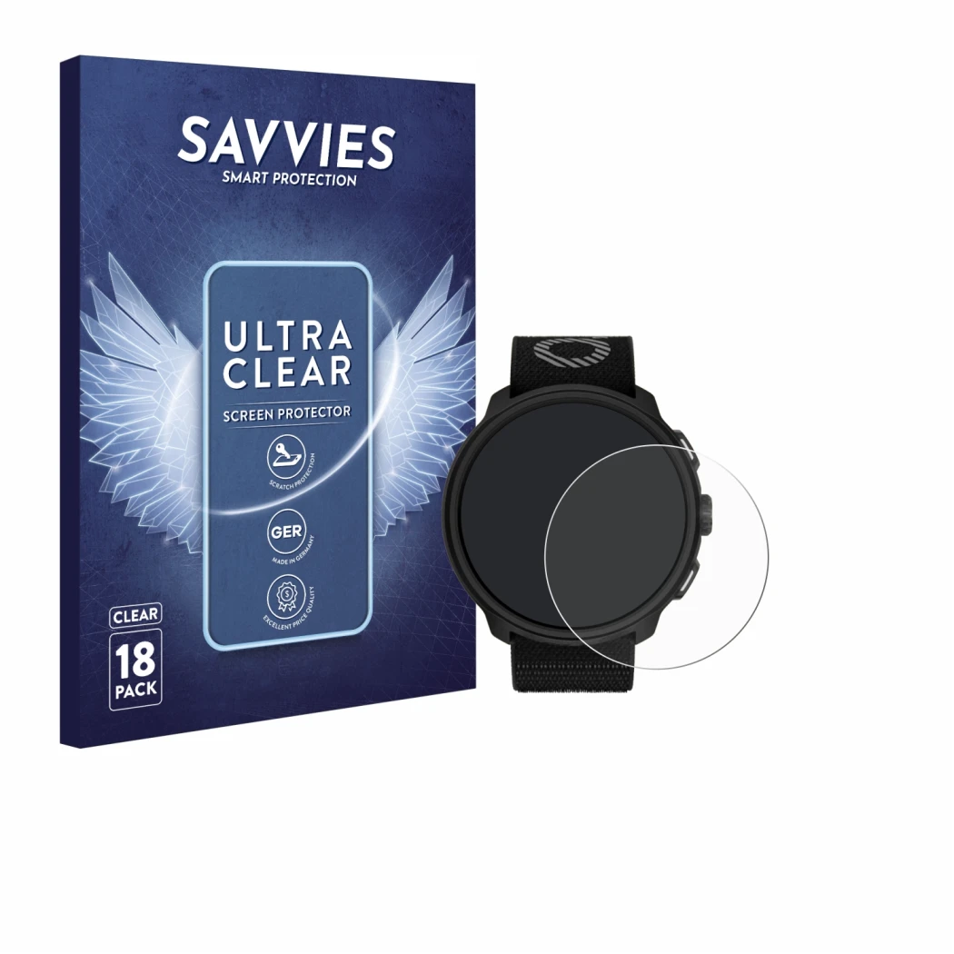 Vorderseite einer Produktverpackung mit dem Markenlogo Savvies. Daneben ist das Gerät Suunto Run mit dem zugehörigen Displaysc