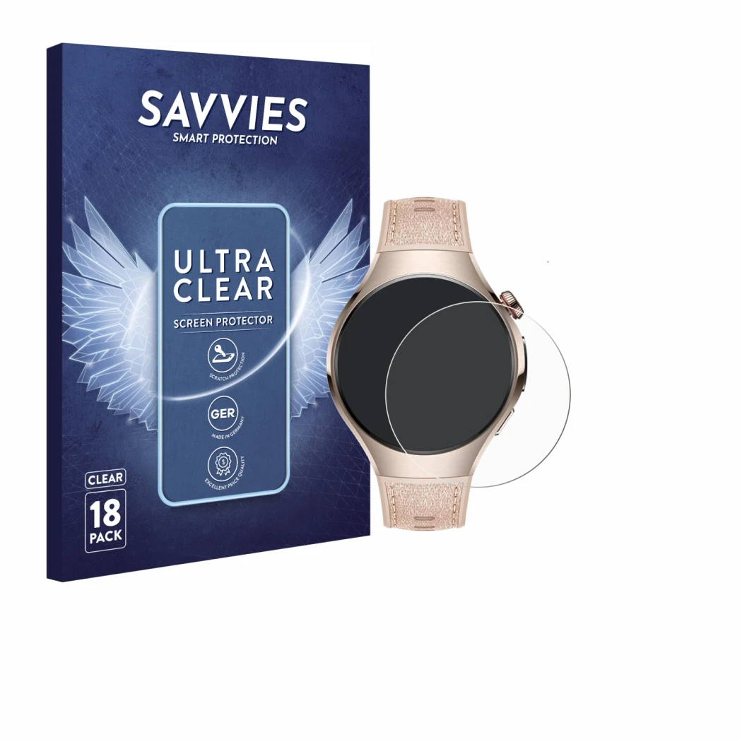 Vorderseite einer Produktverpackung mit dem Markenlogo Savvies. Daneben ist das Gerät Huawei Watch 5 (42 mm) mit dem zugehörig