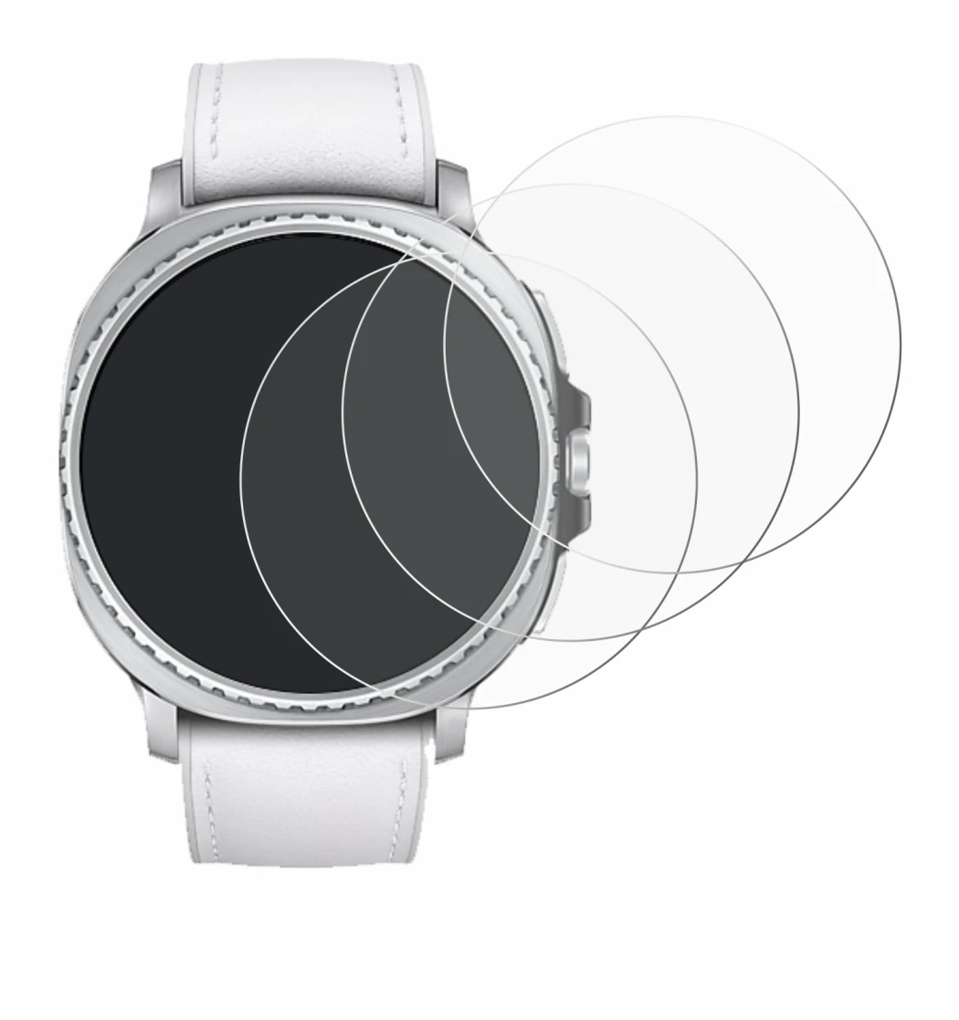 Abbildung des Geräts Samsung Galaxy Watch 8 Classic (46 mm) mit einer Vielzahl des Displayschutzes.