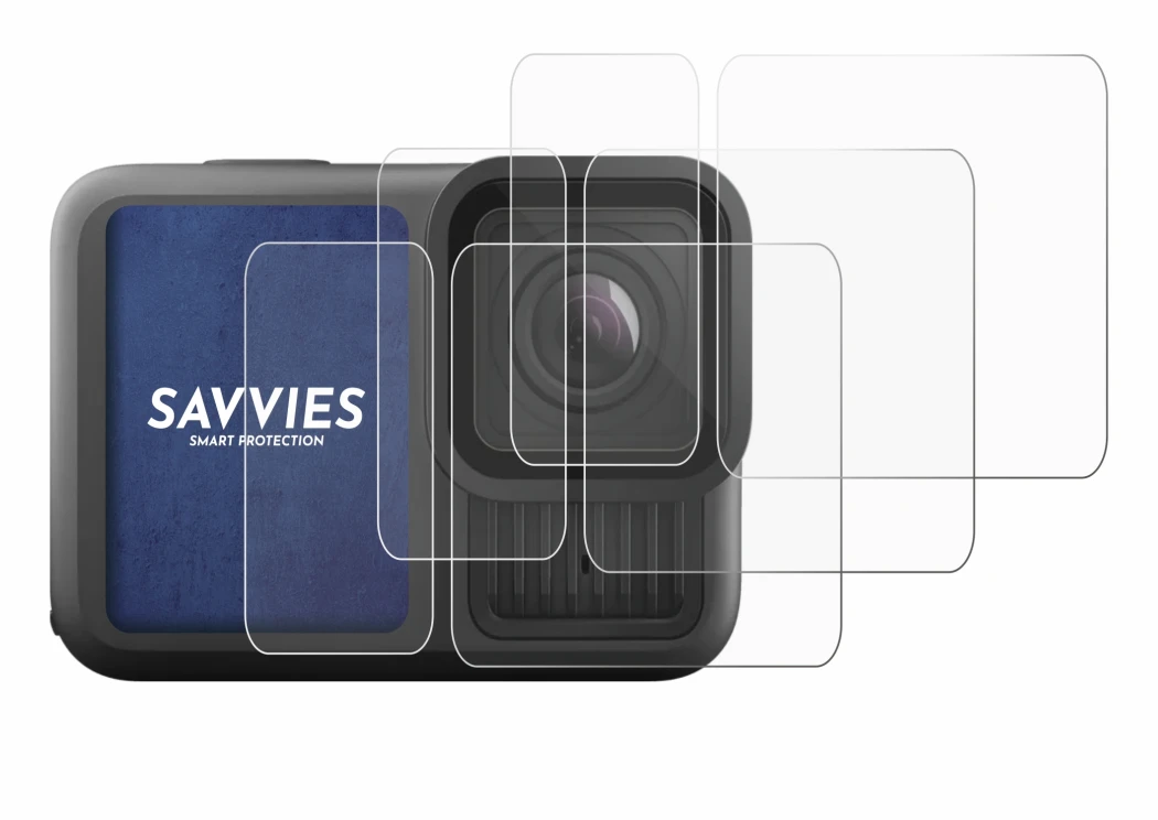 Abbildung des Geräts GoPro Hero 13 Black Ultra Wide Edition mit einer Vielzahl des Displayschutzes.