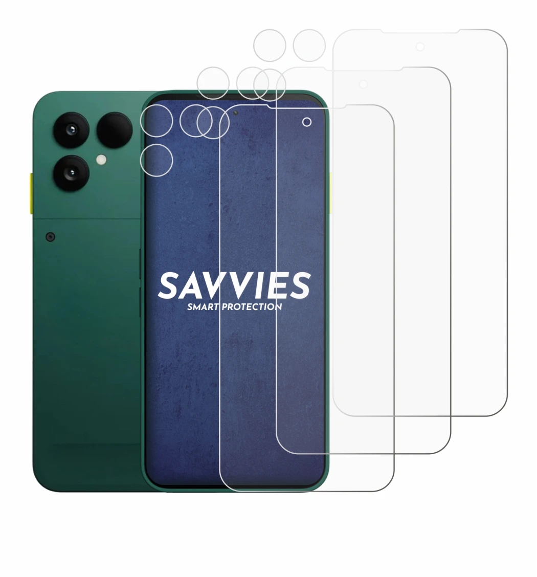 Abbildung des Geräts Fairphone 6 (Display+Kamera) mit einer Vielzahl des Displayschutzes.