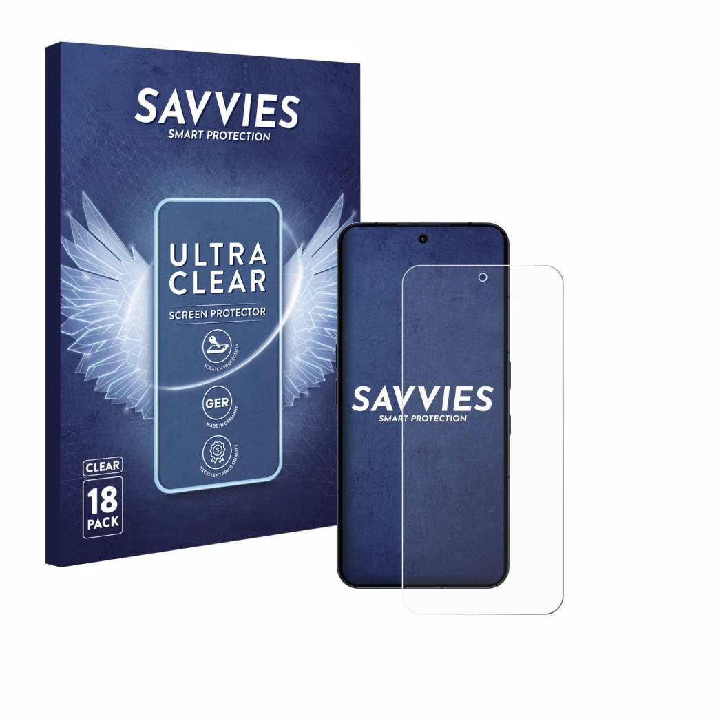 Vorderseite einer Produktverpackung mit dem Markenlogo Savvies. Daneben ist das Gerät Nothing Phone (3) mit dem zugehörigen Di
