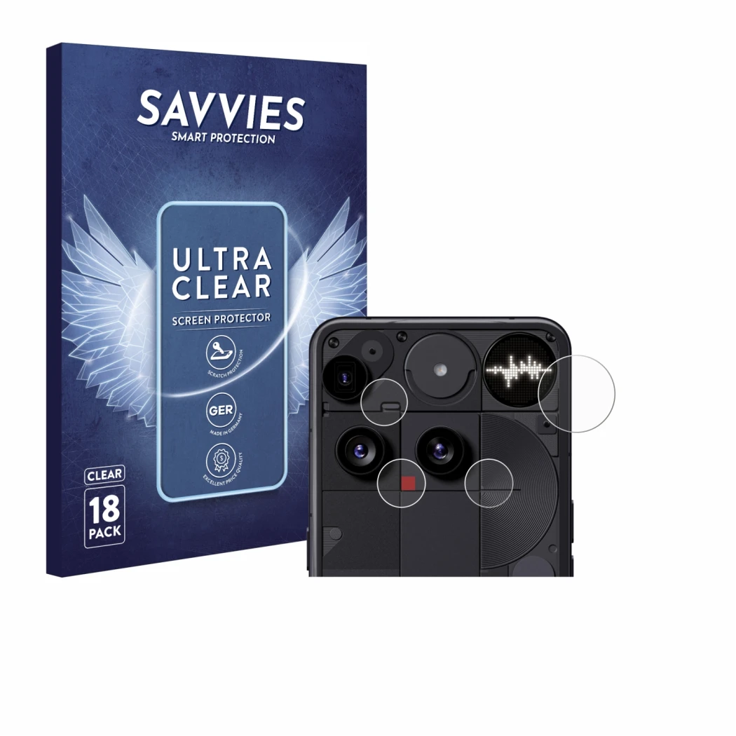 Vorderseite einer Produktverpackung mit dem Markenlogo Savvies. Daneben ist das Gerät Nothing Phone (3) (NUR Kameraschutz) mit