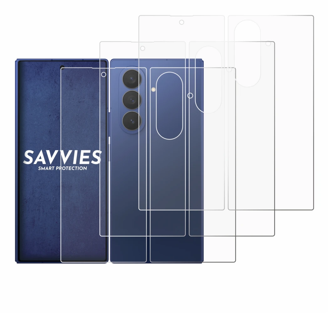 Abbildung des Geräts Samsung Galaxy Z Fold 7 (Display+Rückseite) mit einer Vielzahl des Displayschutzes.